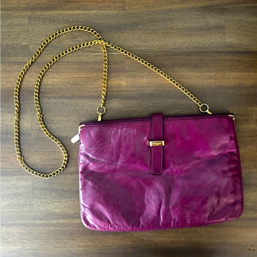 Vintage Salvatore Ferragamo Purple / Pino Leather Chain Bag Clutch Purse Gold